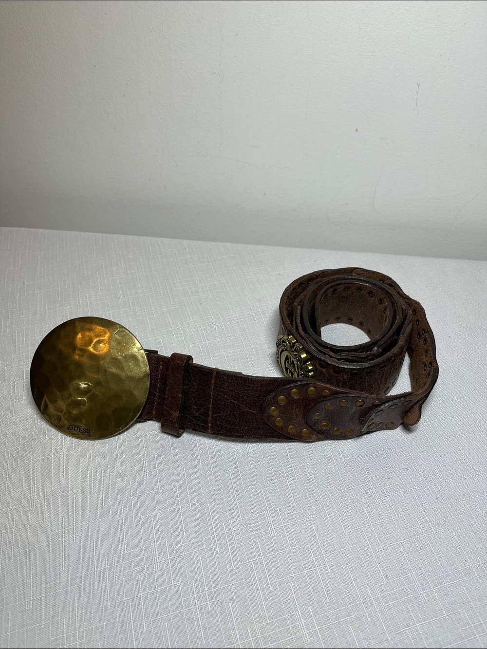 Vintage GUESS Women's Leather Studded Waist Belt 42" Brass Buckle Y2K Chunky